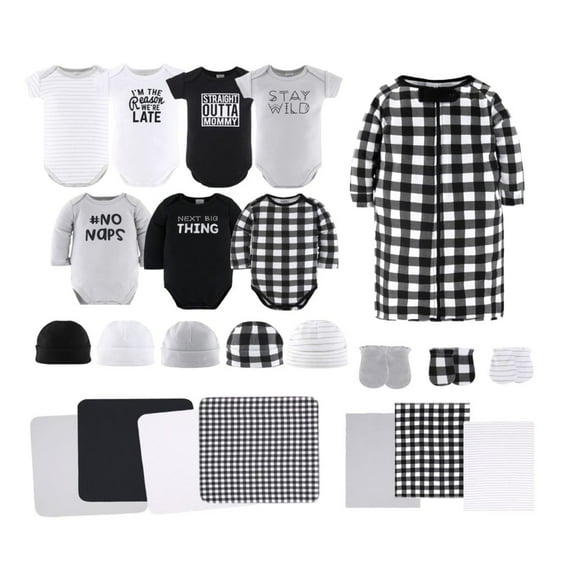 The Peanutshell Newborn Layette Gift Set for Baby Boys and Girls, 23 Essential Pieces, Black & White Plaid, 0-3 Months