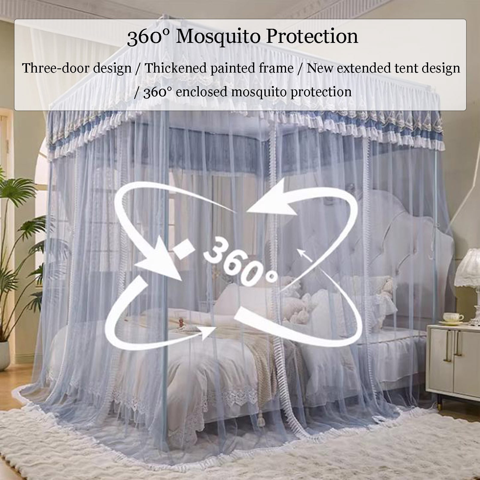 Floor Standing Mosquito Net Bed Canopy,4 Corner Post Three-Door Bed Canopy, Cozy Breathable for Girls Adults Bedroom Decoration
