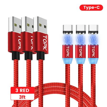 TOPK[3-Pack]Magnetic USB Type C Charger Cable Nylon Braided Cord With LED Compatible For Samsung Huawei And More(Red/3ft)