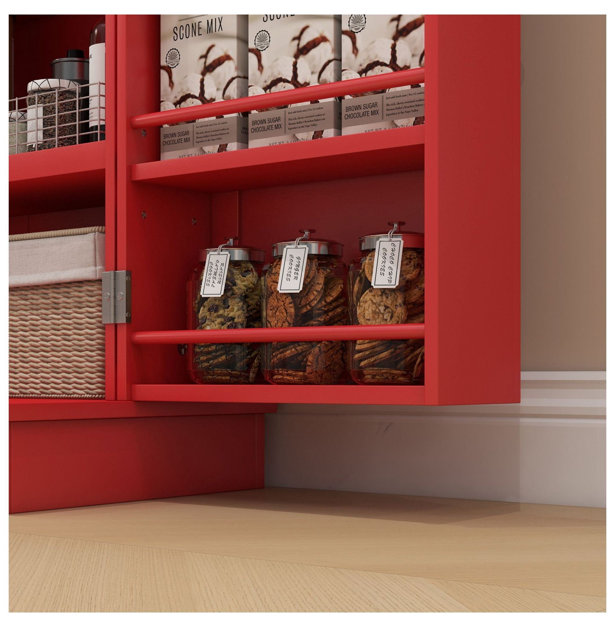 Kitchen Sideboard Cabinet, 40.9" Freestanding Pantry Storage, Red Finish, 5-Tier Shelves, Double Door Kitchen Organizer for Dining Room
