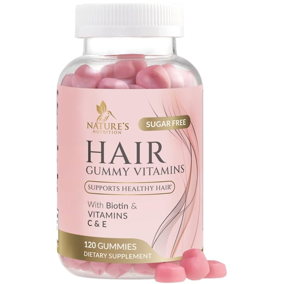 Hair Vitamins Gummies - Sugar Free Hair Growth Support Gummy with Biotin 5000 mcg, Vitamin A, B12, C, D, E, Folic Acid - Supports Strong Beautiful Hair and Nails, Vegetarian Friendly - 120 Gummies