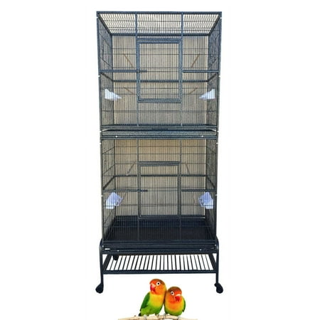 Large Double Stackable Wrought Iron Bird Flight Parrot Breeding Breeder Cage Side Nesting Box Door Double Feeder Cups Easy Clean Pull Out Grate & Tray With Removable Rolling Stand