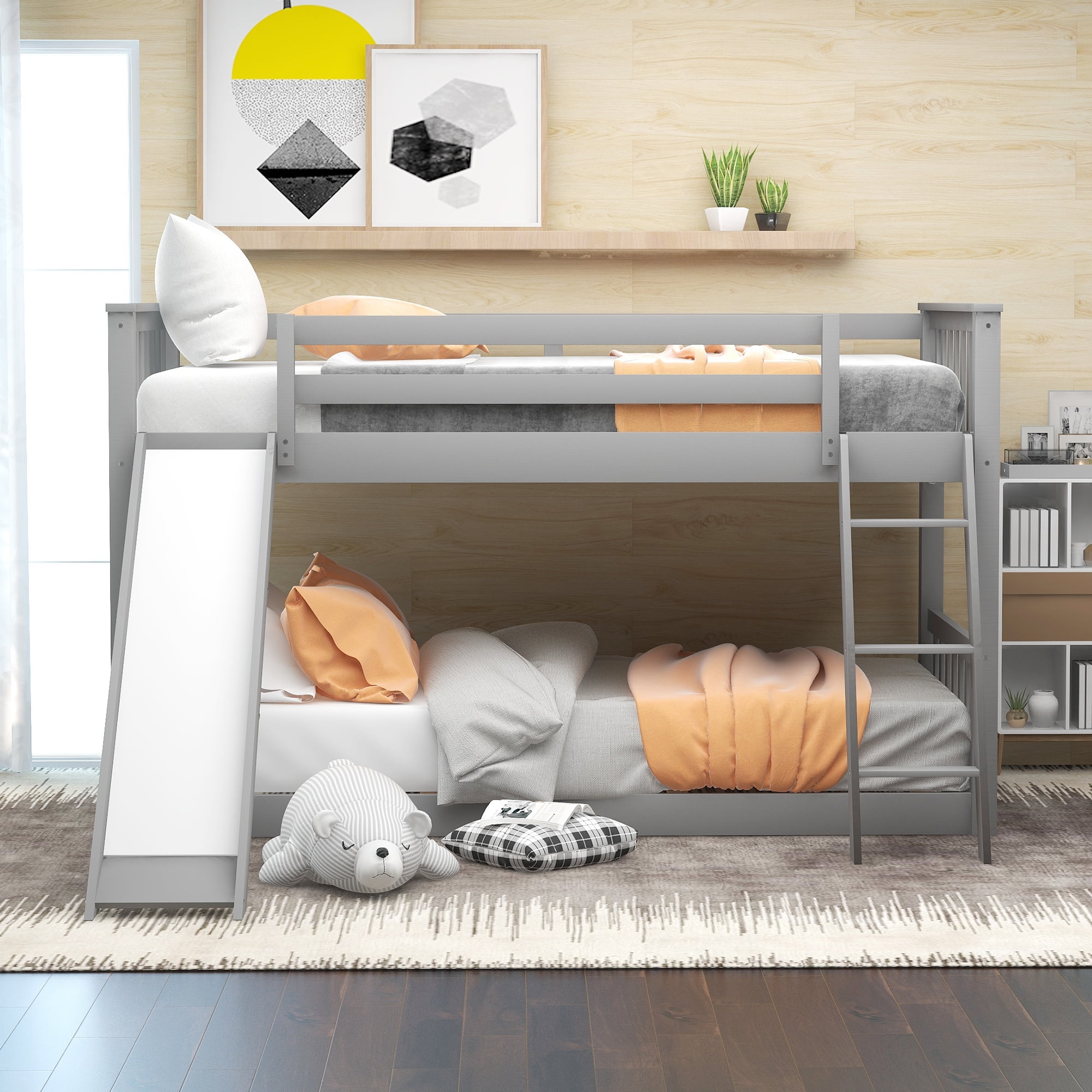 Euroco Twin over Twin Floor Bunk Bed with Slide and Ladder, Interchangeable Ladder and Slide for Kids Teens Adults, Gray