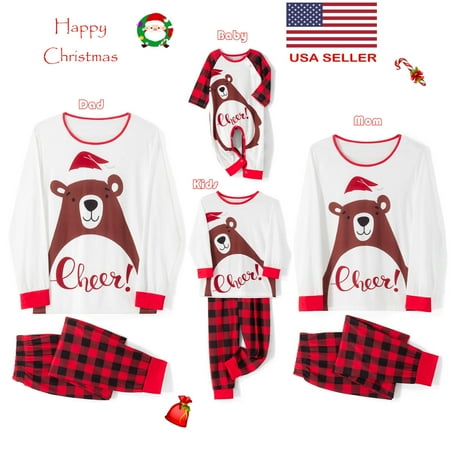 

Family Christmas Pjs Matching Sets Cartoon Bear Printed T-shirt + Plaid Trousers Pajama Sets Christmas Pajamas for Family