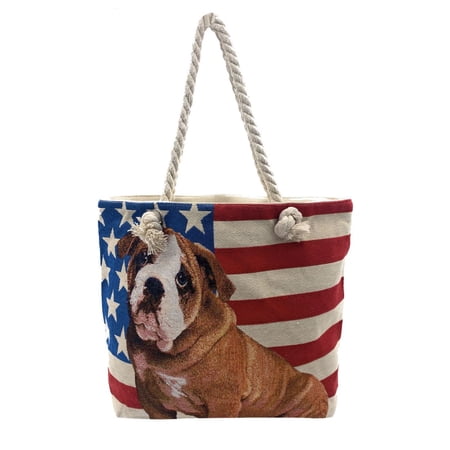 Empire Cove USA Flag Dog Print Cotton Canvas Tote Bags Reusable Beach Shopping