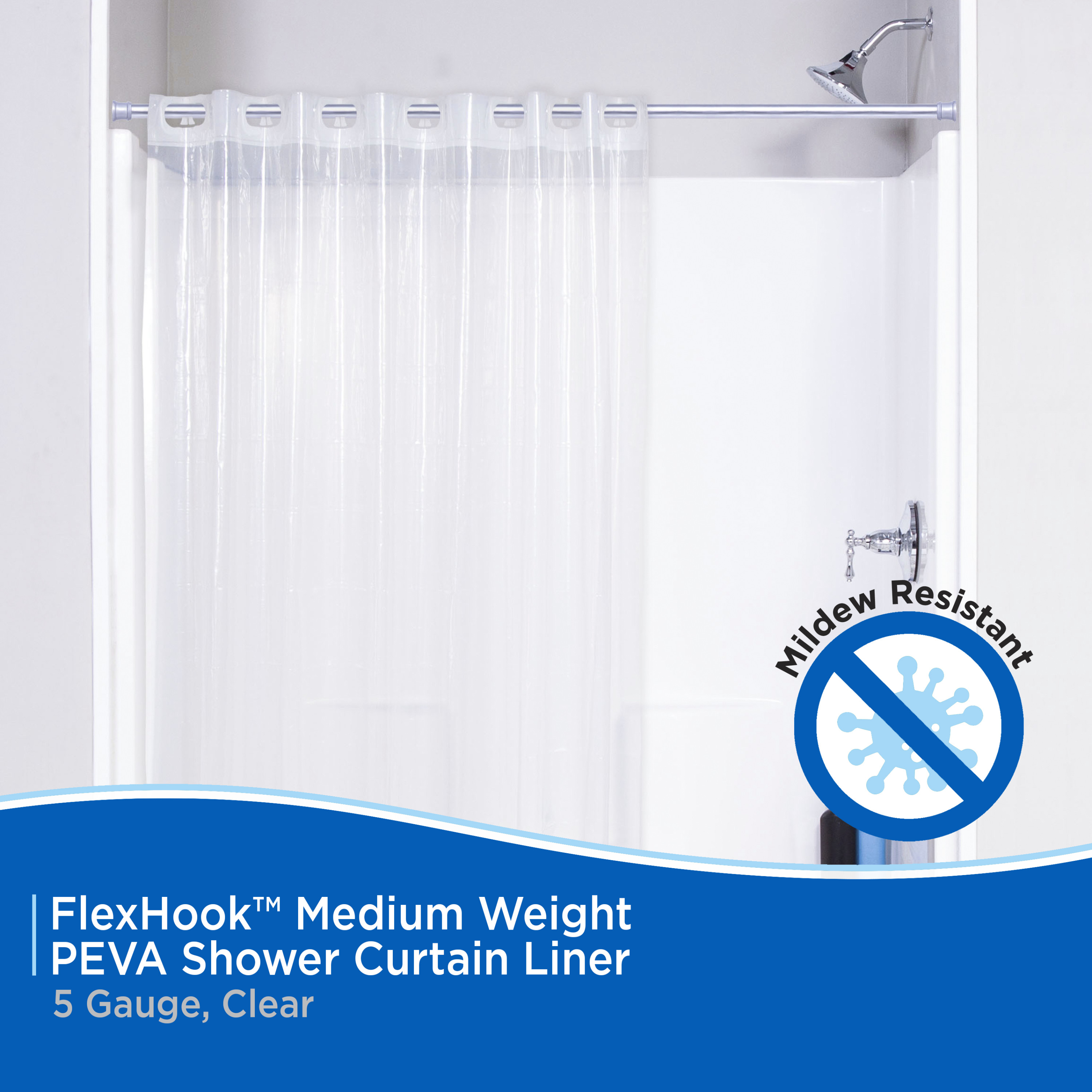Kenney FlexHook Medium Weight PEVA Shower Curtain Liner, 71" W x 74" H, Clear