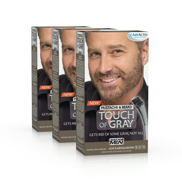 Just For Men Touch of Gray Mustache, Beard, Easy Brush-in Facial Hair Color  Gel, B 25/35 Light Medium and Brown, 3 Pack 