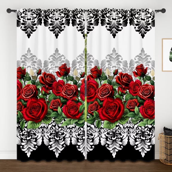 Lfeey Red Rose Black Blackout Curtain, Room Darkening For Bedroom Living Room Rod Pocket Design Window Drapes, 42x63 Inches, 2 Panels