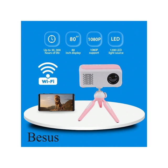 Besus Mini Projector J19 Mate, Manual Keystone Correction Portable 360P With 2.4G WIFI,Support 1080P Full HD Portable Projector Movie Projector Compat