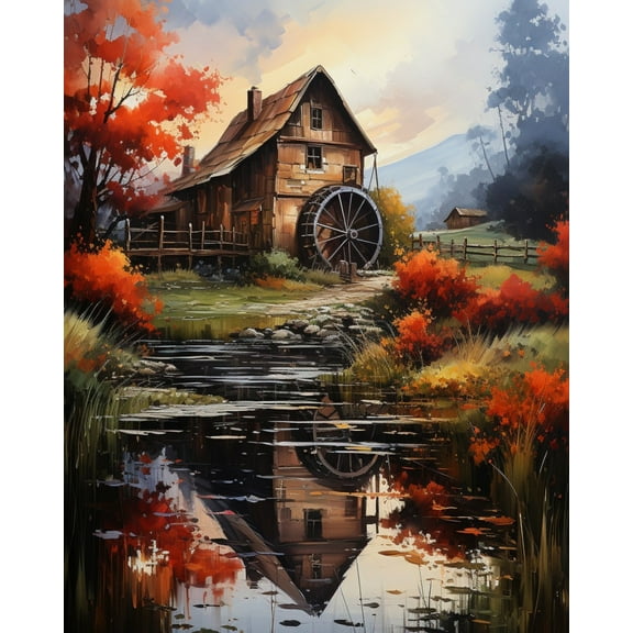 Paint by Numbers for Adults Kids Beginner Autumn Water Mill DIY Acrylic Painting by Numbers Kits with Brushes Acrylic Pigment Home Decoration Gifts 16 x 20 inch