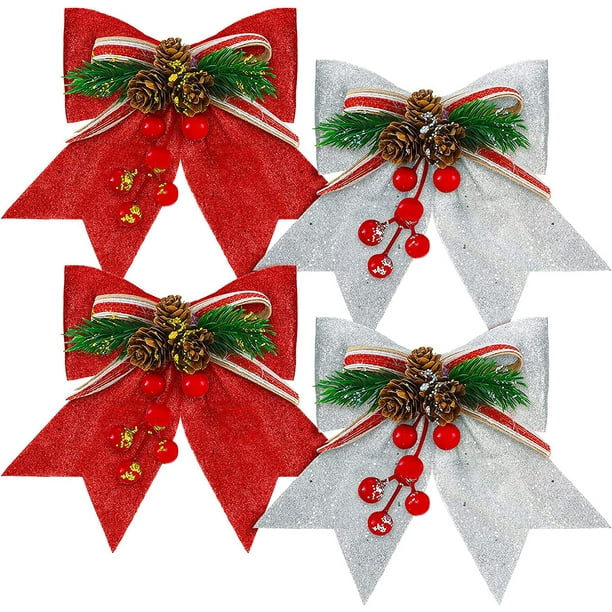 4 piezas de nudos decorativos de Navidad, nudos de lentejuelas rojas para árbol de Navidad, nudos para adorno de árbol de Navidad, nudos de guirnalda, corona de Navidad (rojo, plateado, 7 x 6,7