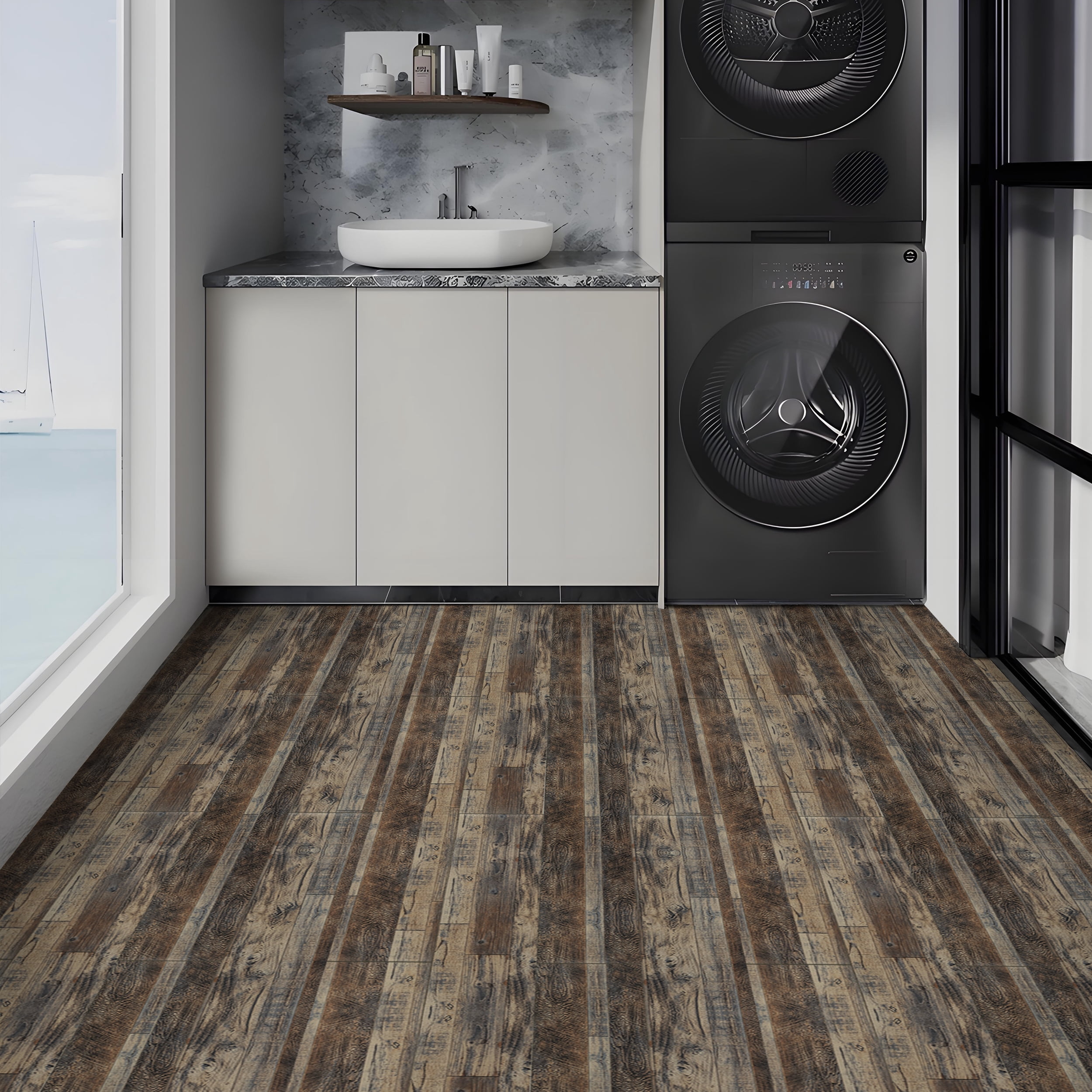 Abyssaly Vinyl Peel and Stick Flooring Tile 5.9 inch x 35 inch, Covering Area 14.53 Sq.Ft, Self-Adhesive Plank Flooring Tile Wood Grain Look for Kitchen Dinning Room Bedroom Home Decoration（10 pcs）