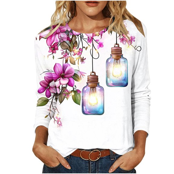 Njagoc3 Long Sleeve Tees for Women Vintage Printed Loose Pullover Tops Casual Crew Neck T Shirts Fall Fashion Outfits