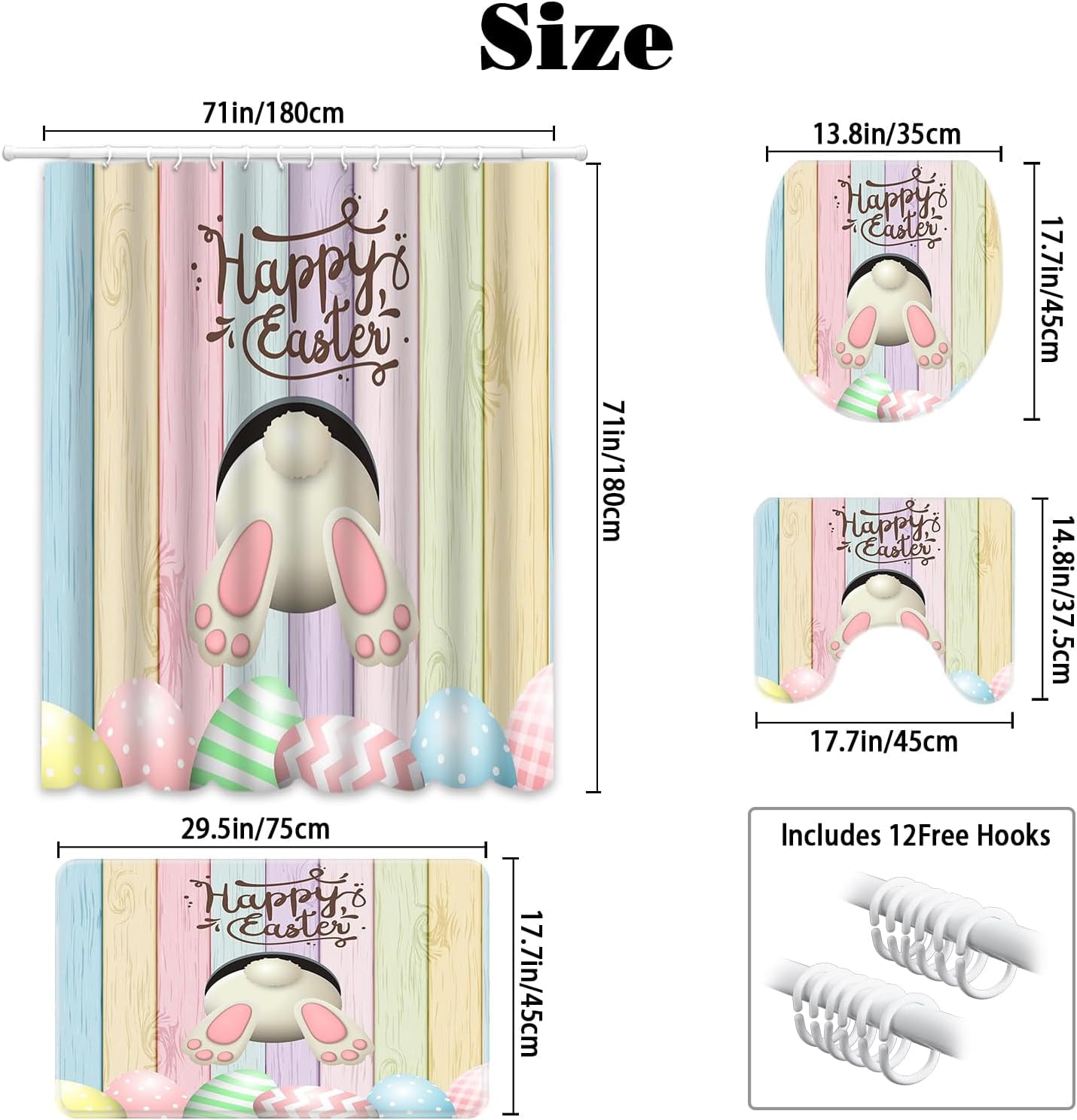 4pcs Easter Shower Curtain Sets with Non-Slip Rugs Toilet Lid Cover and Bath Mat Bunny Easter Bathroom Curtain Decor Set with 12 Hooks Waterproof Shower Curtain Set for Bathroom