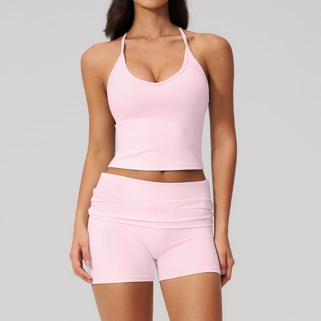 PISONIC Women Two Piece Workout Sets Spaghetti Straps Tank Top Matching Booty Lifting Shorts Gym Yoga Outfits