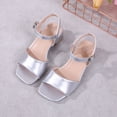 thumbnail image 4 of Girls Silver Dress Sandals Low Block Heels, Metallic Square Toe PU Faux Leather Adjustable Strap Party Wedding Church Shoes,Size 34, 4 of 5