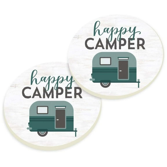 Happy Camper Green and White 2.75 x 2.75 Absorbent Ceramic Car Coasters Pack of 2