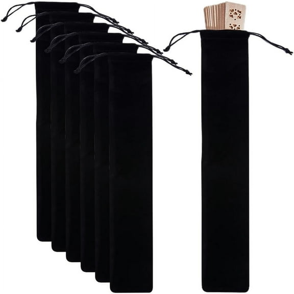 8Pcs Folding Fan Pouch 13.8x2.4 Inch Flocking Hand Fan Storage Drawstring Bag Black Thin Rectangle