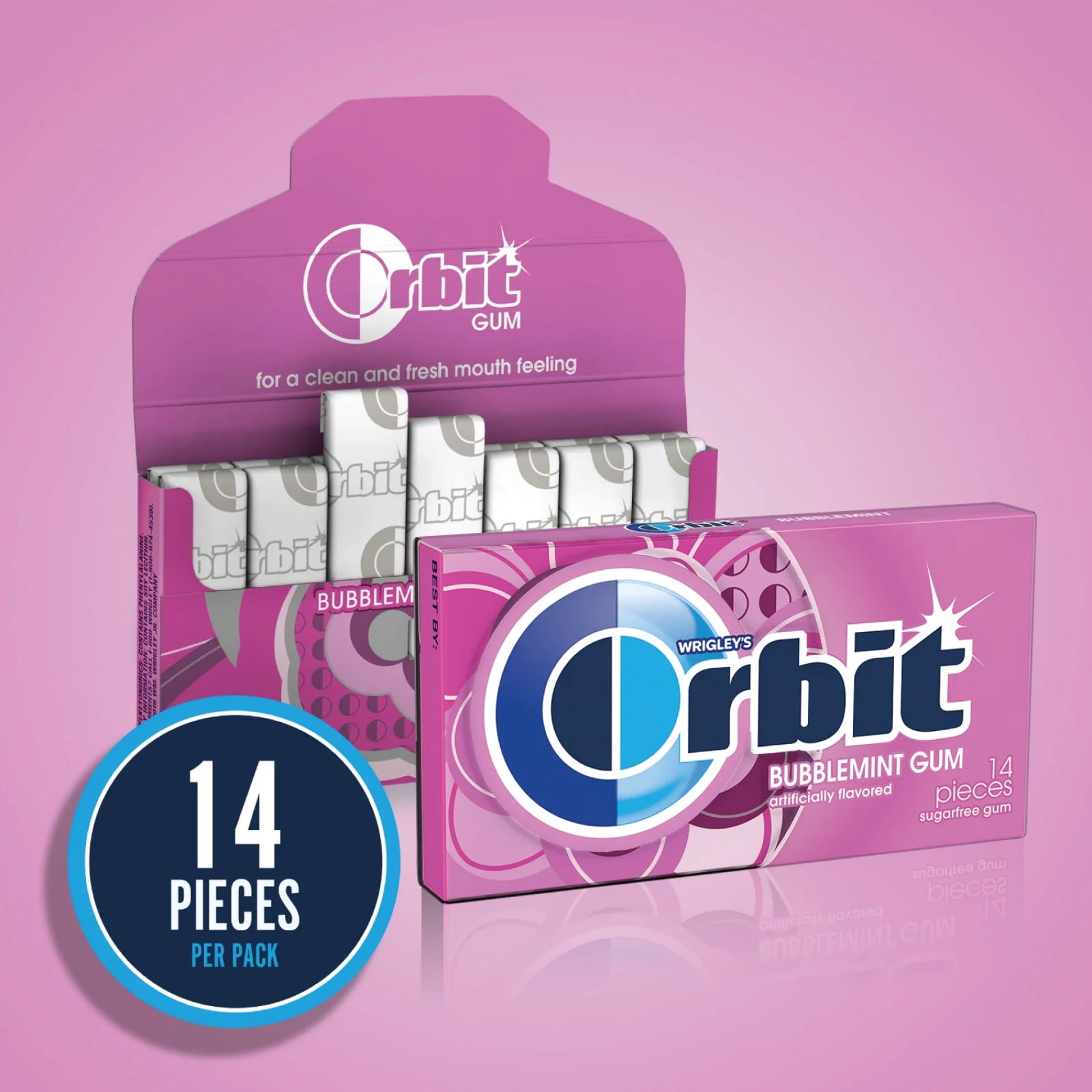 Full Box 12x Packs Orbit Bubblemint Flavor Sugarfree Gum - 14 Pieces Per Pack