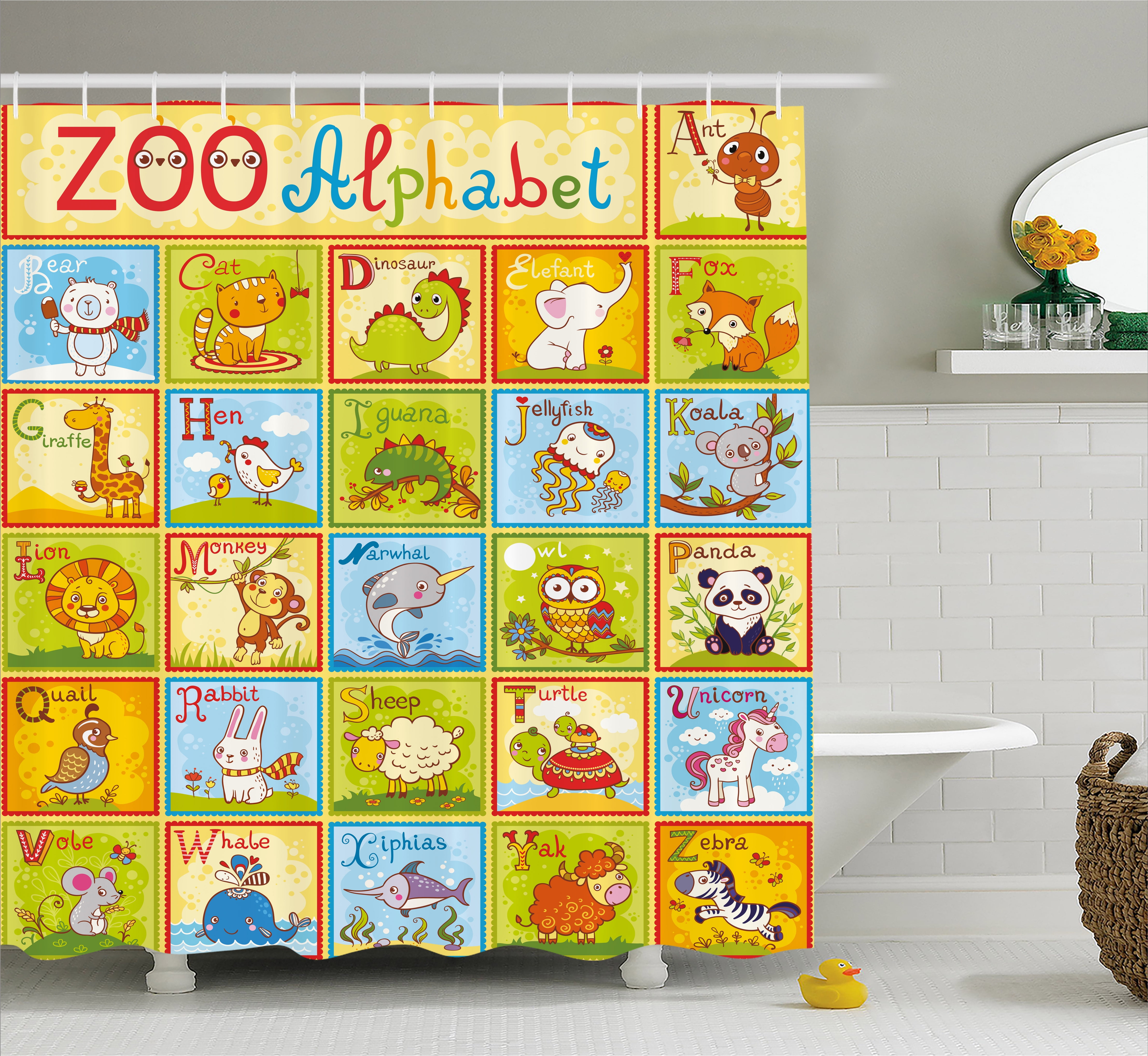 Educational Shower Curtain Zoo Alphabet Design Colorful Style Funny Cartoon Animals Children Kids School Fabric Bathroom Set With Hooks Multicolor
