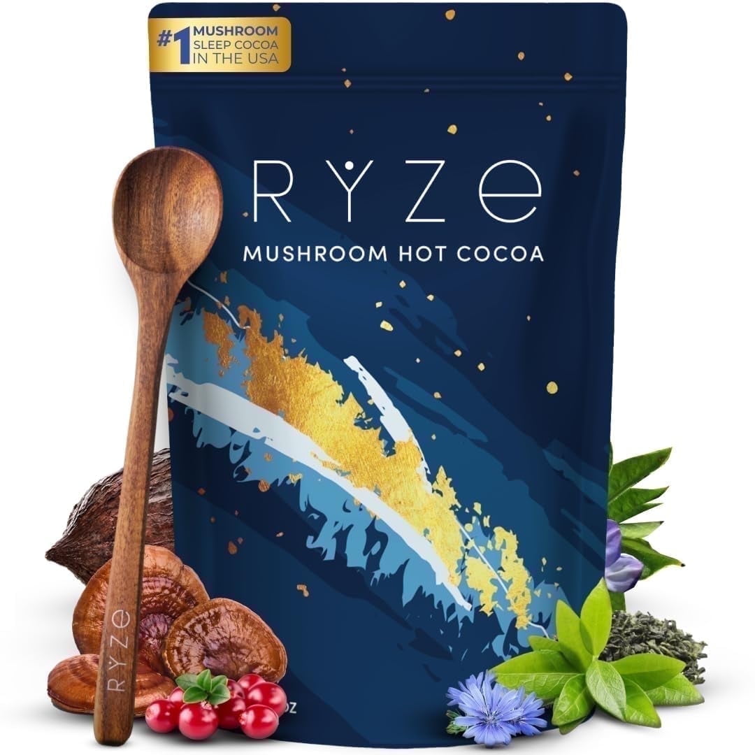 RYZE Mushroom Hot Cocoa Melatonin Sleep Supplement, Keto Cocoa Powder with Reishi, Melatonin, Glycine to Help Fall Asleep and Stay Asleep, 20 Servings