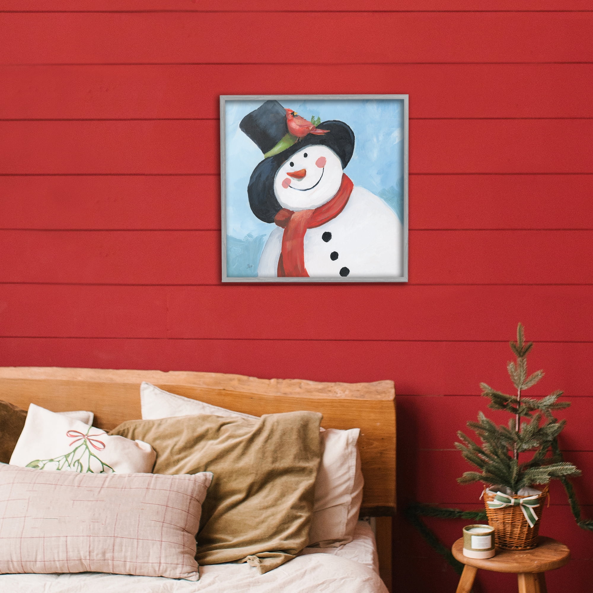 Stupell Industries Cheerful Snowman with Cardinal Gray Framed Giclee Art, design by Nan
