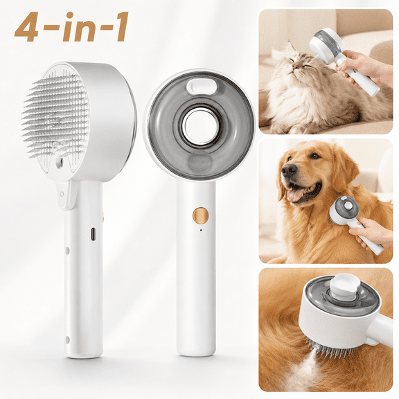 Ustris Cat Brush - 4-in-1 Cat Steam Brush for Shedding, Self-Cleaning, Grooming & Massage, Pet Spray Hair Removal Comb for Indoor Cats & Dogs, Long/Short Hair, Furry Pet - White