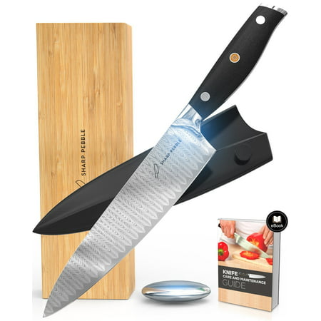 Sharp Pebble Chefs Knife 8 Inch | Professional Japanese Damascus VG10 Stainless Steel Kitchen Knife | Sheath, Bamboo Box, Odor Removal Soap & (Best Watchfaces For Pebble Steel)