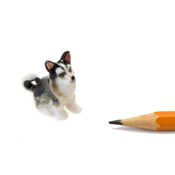 ¾ Tall Tiny Siberian Husky Ceramic Figurines Dog Miniature Porcelain Pet Dollhouse Replica Pottery Collectible Animals Puppy Decor