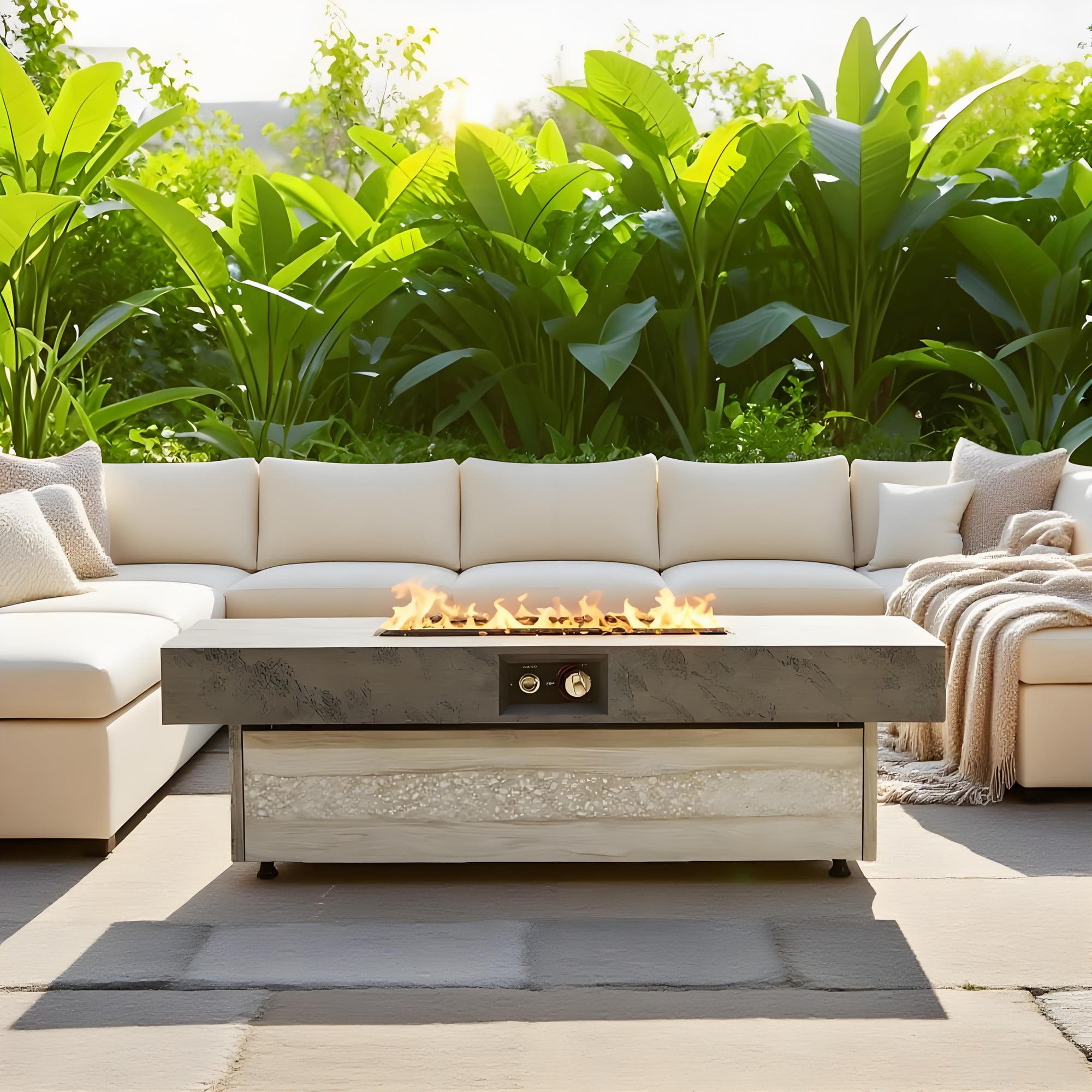 48" Outdoor Propane Fire Pit Table, 50,000 BTU Rectangle Fire Pit with Adjustable Height & Removable Lid, Patio Heater with Glass Stones for Deck, Garden, Backyard