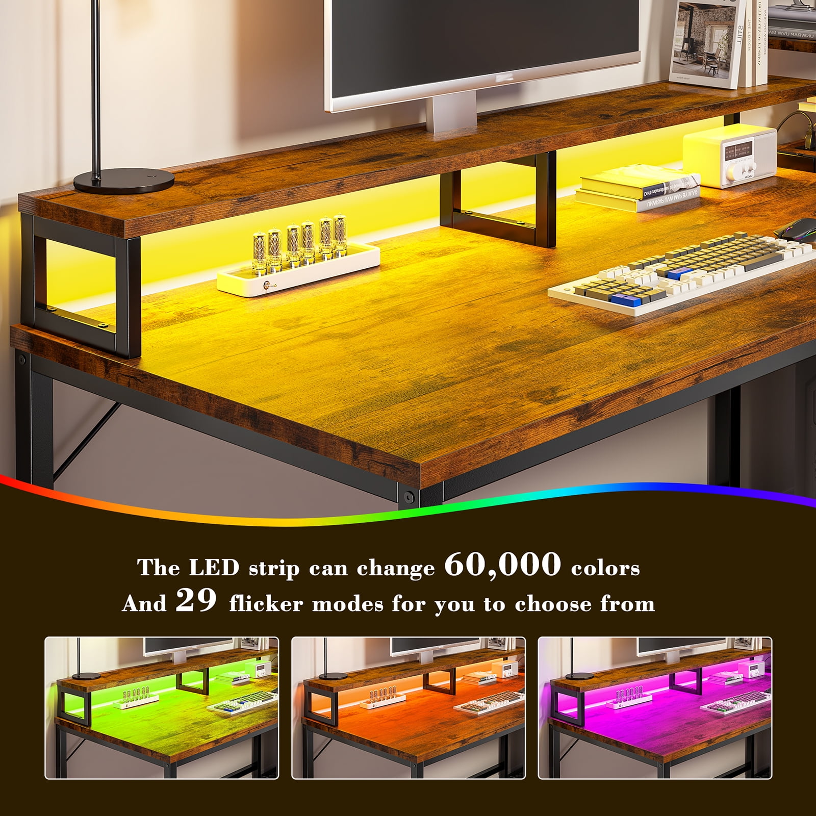 Romorgniz 55"W Computer Desk with Hutch, Gaming Desk with LED Lights & Power Outlets, Small Desk with Drawer and Monitor Stand, Writing Desk for Home Office, Rustic Brown