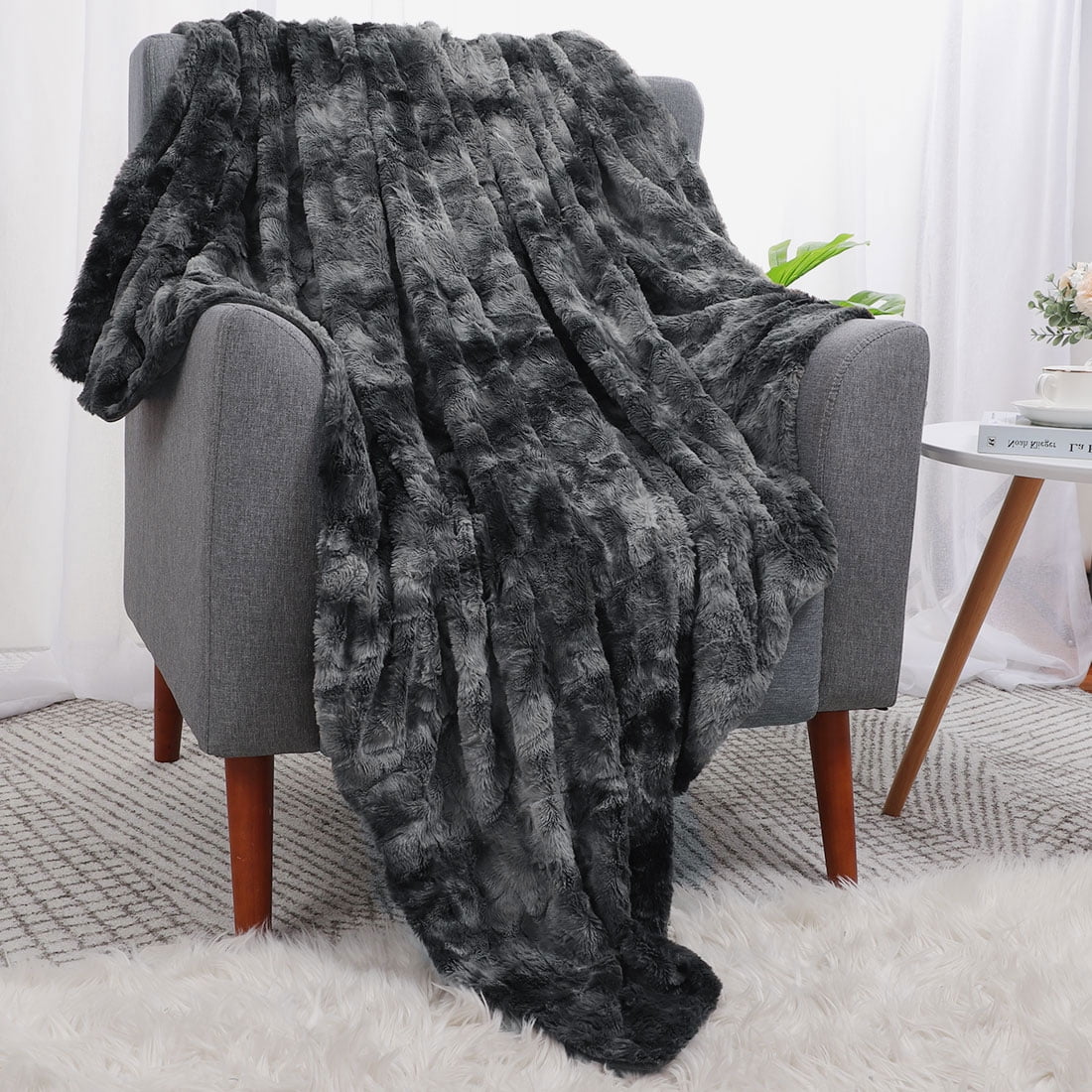 Unique Bargains Soft Fluffy Shaggy Faux Fur Blanket, Throw, Black