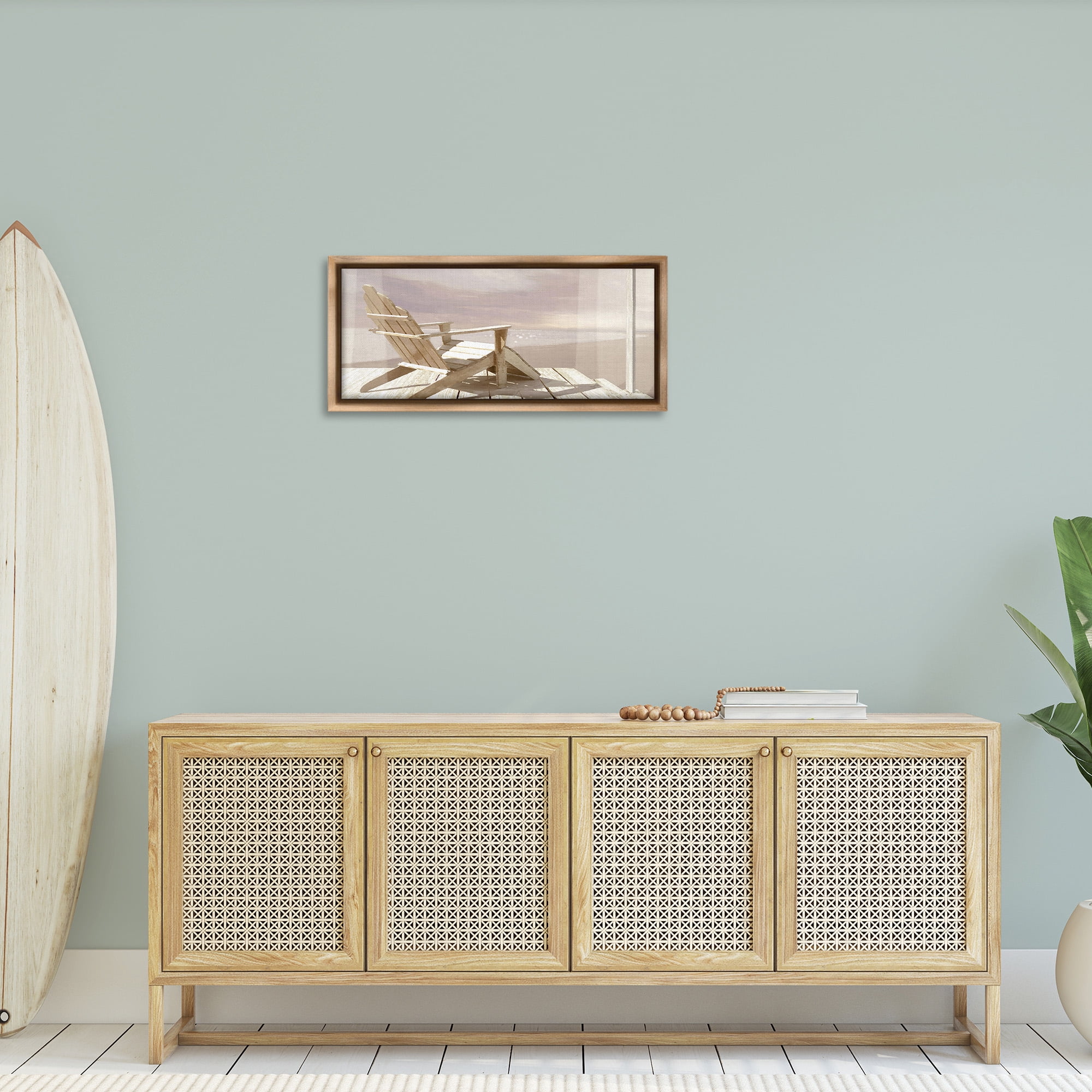 Stupell Industries Chair Overlooking Beach Landscape Photography Brown Floater Framed Canvas Art Print Wall Art, 31 x 14