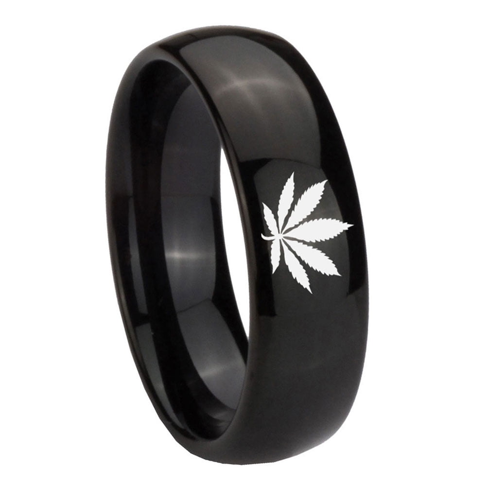 RATUNGSTEN Tungsten Marijuana Cannabis Leaf Ring, 8mm Brushed Black