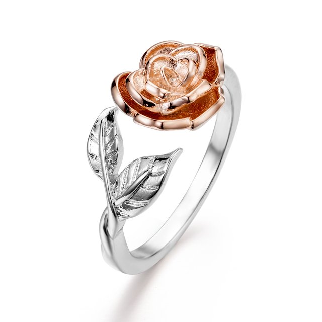 Anillo de flor rosa para mujer, anillos abiertos ajustables con hojas, color oro rosa, plata, talla 5 a 10, hechos de cobre