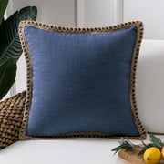 Phantoscope Farmhouse Burlap Linen Tailored Edge Series Decorative Throw Pillow, 18" x 18", Blue, 1 Pack