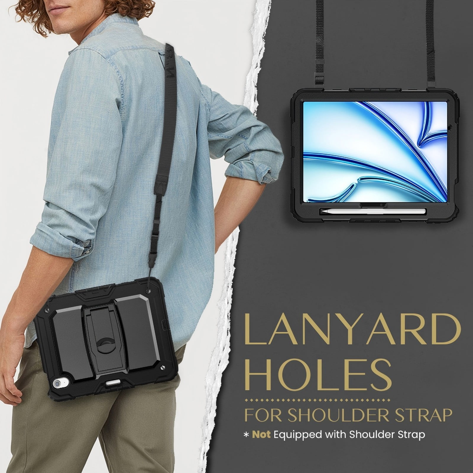 Rugged Case For Apple iPad Air 11 (2024) – 3-Layer Protection Shockproof Stand Cover with Screen Protector, Adjustable Stand, Shoulder Strap, & Pencil Holder -- Black