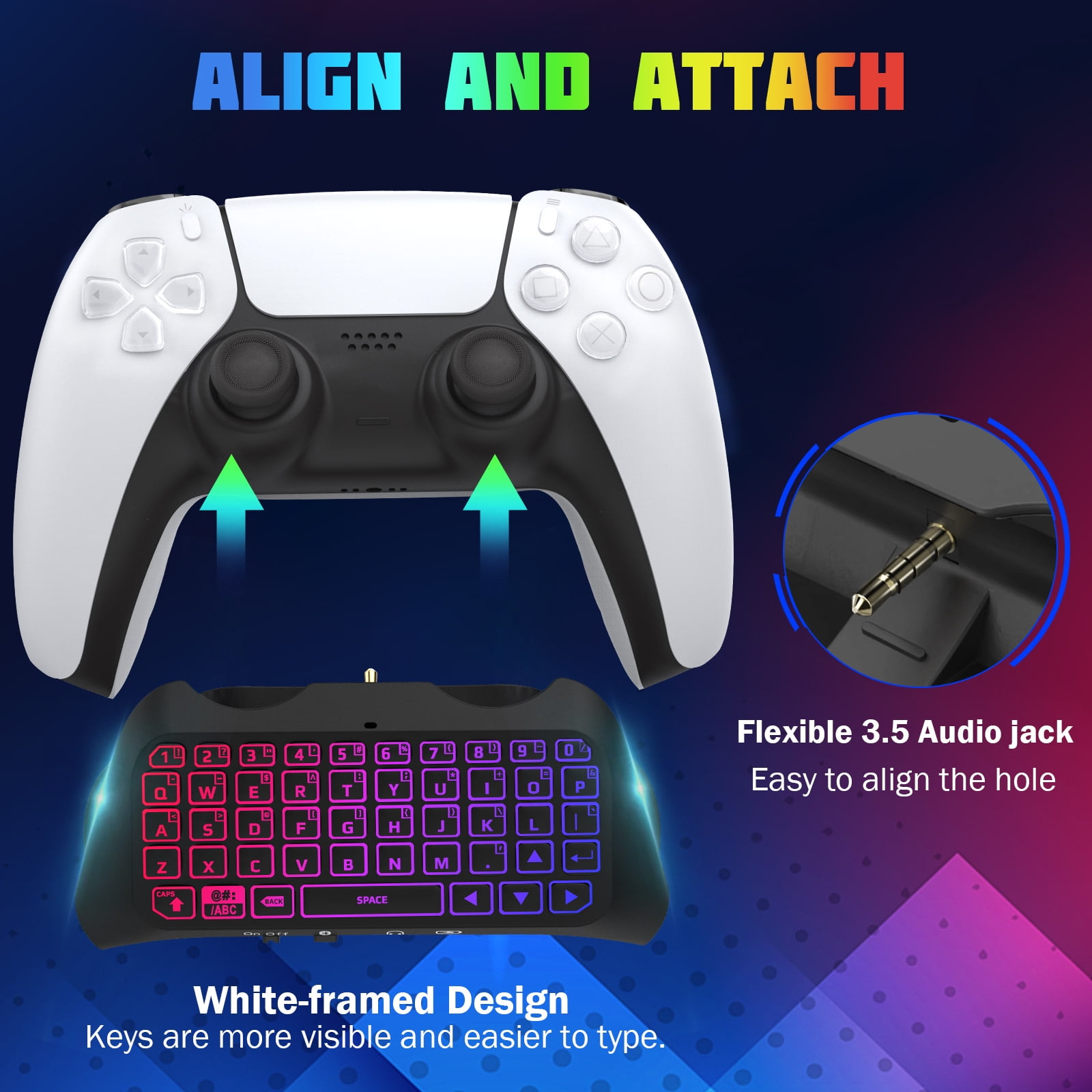 TiMOVO Multi-Color RGB Backlight Keyboard for PS5 Controller, Wireless Keypad Chatpad for PlayStation 5 Controller, Mini PS5 Game Keyboard Built-in Speaker with 3.5mm Audio Jack, Black