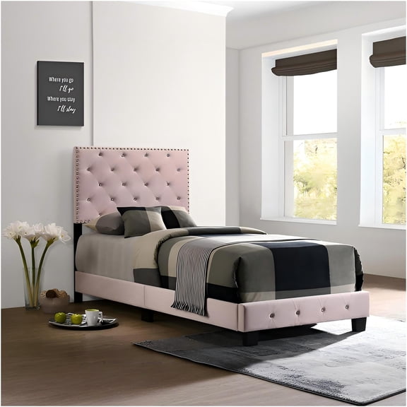 JERFIT Pink Velvet Twin Size Bed Frame with Foam Padding, Upholstered Platform Bed, Modern Low Profile Design for Small Spaces