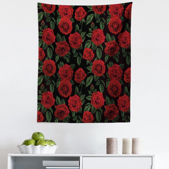Rose Tapestry, Valentine's Day Retro Style Petals with Leaves Ornamental Growth Pattern, Fabric Wall Hanging Decor for Bedroom Living Room Dorm, 5 Sizes, Ruby Hunter Green Black, by Ambesonne