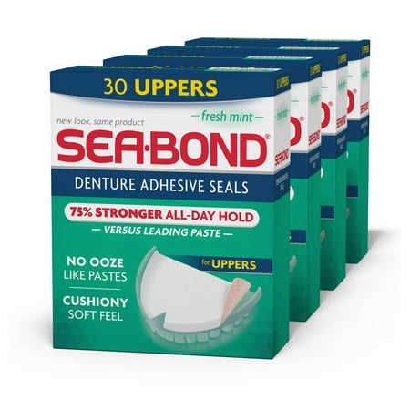 Sea Bond Upper Secure Denture Adhesive Seals, For an All Day Strong Hold, Fresh Mint Flavor Seals, 30 Count, 4 Pack