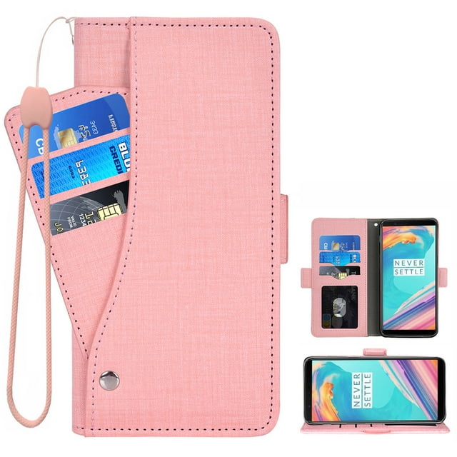 OnePlus 5T Case, iCoverCase Genuine Leather Wallet Case Slim Fit Folio Book Design with Stand and Card Slots Flip Case Cover for OnePlus 5T (Pink)