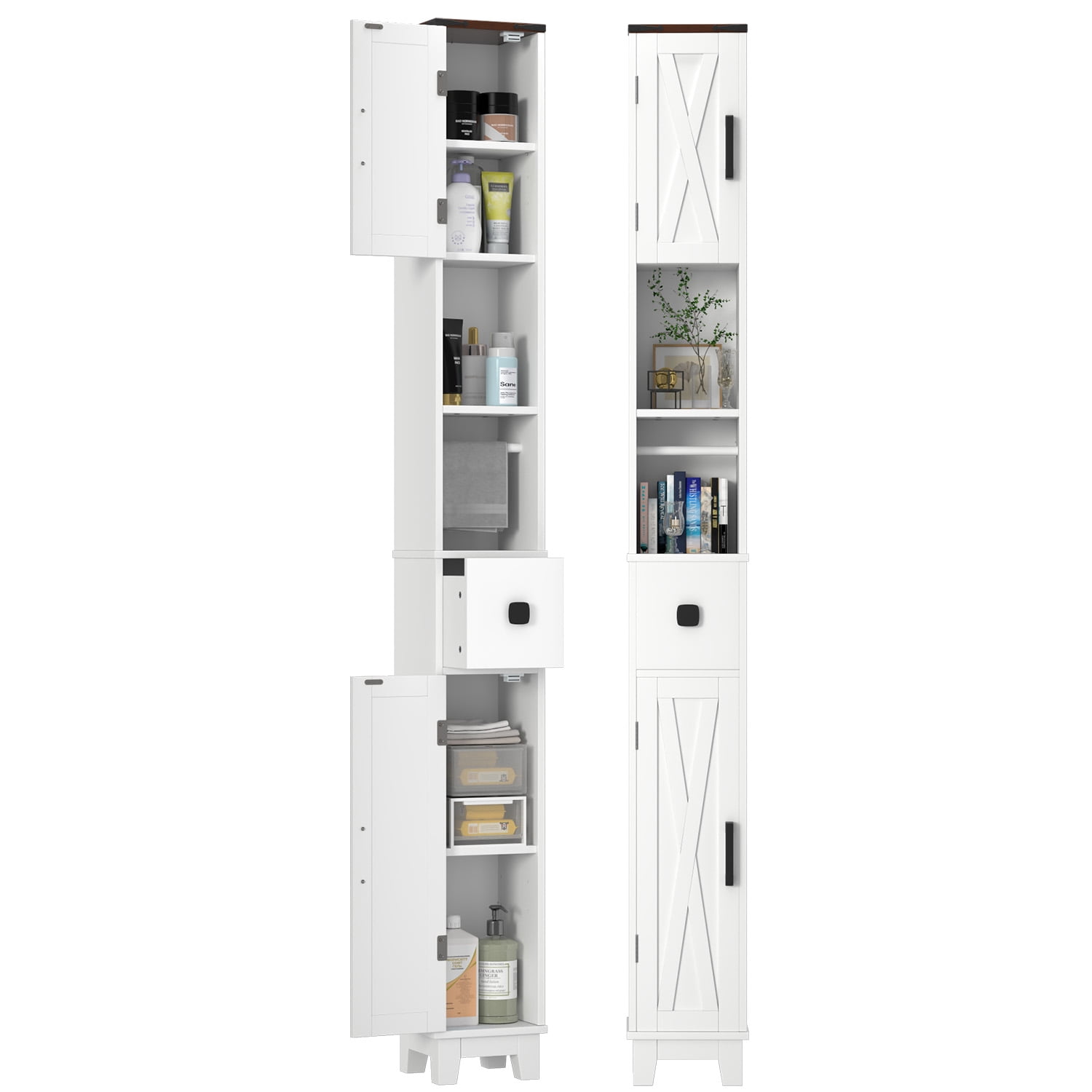 Erinnyees Narrow Bathroom Storage Cabinet, Skinny Freestanding Floor Cabinet, with Adjustable Shelves & Towel Bar, for Small Space, Living Room, Laundry Room, White