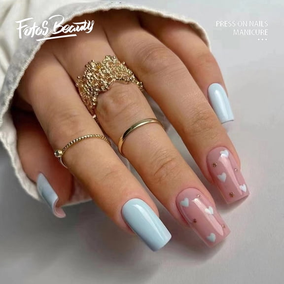 Fofosbeauty 24pcs Press on False Nails Tips, Square Fake Nails, Square Fresh Natural Light Blue Love