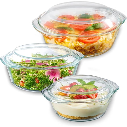 Mojitor 6-Piece Glass Tureen Dishes for Oven - Durable Borosilicate Glass Bakeware Set with Lids, Microwave Safe, Versatile Round Covered Baking Dishes. Clear Lead-Free Casserole Cookware.