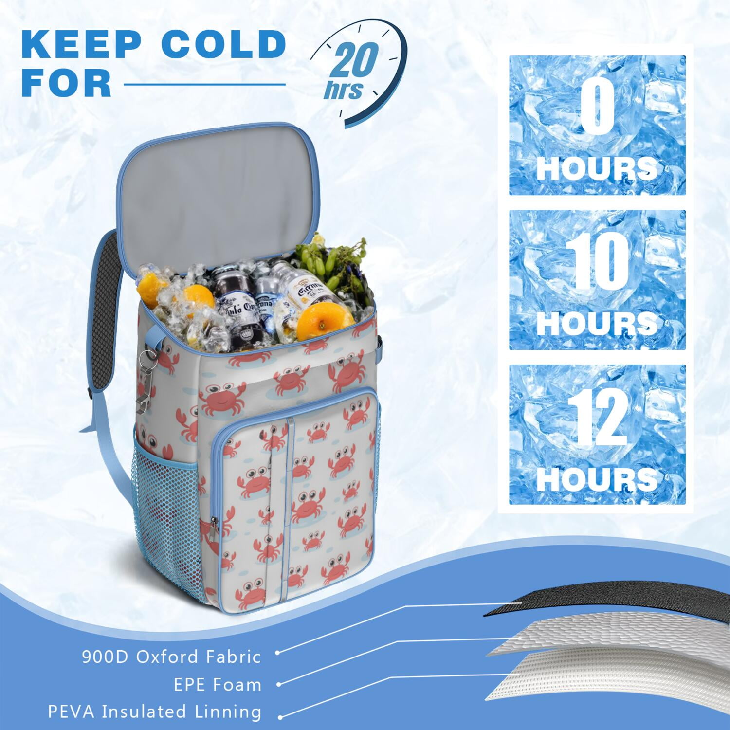 Insulated Cooler Backpack,Soft Backpack Coolers Insulated Leak Proof Travel Cooler Bag Waterproof Lunch Picnic Beach Work Trip Thermal Bag Drink Beverage Beer Bag Cooler Marine Adorable Crab