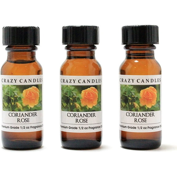 Crazy Candles Coriander Rose 3 Bottles 1/2 FL Oz Each (15ml) Premium Grade Scented Fragrance Oil (Coriander, Yellow Rose, Tuberose, Gardenia and Rosewood)