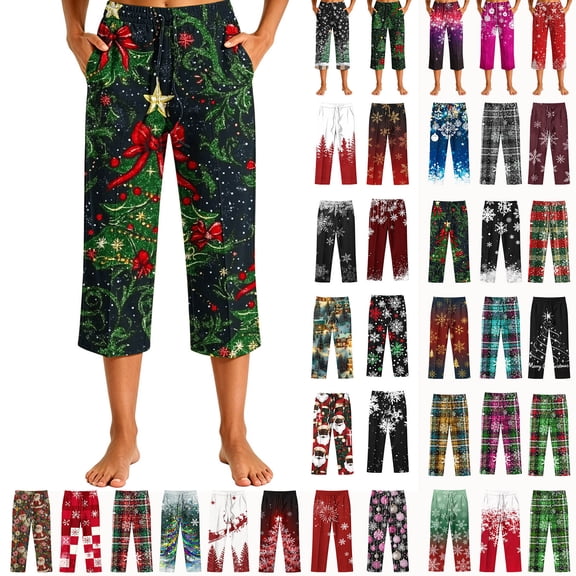 Cmtiyu Christmas Pajama Pants Women Christmas Printed Elastic Waist Drawstring Pajama Bottoms Casual Comfy Loose Lounge Sleep Capri Pants S-3XL