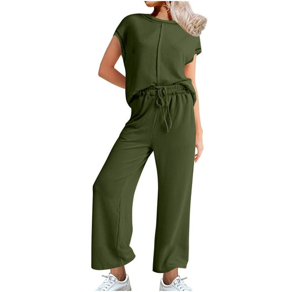 Womens Crew Neck Two Piece Pants Sets Striped Short Sleeve Top Drawstring Elastic Waist Wide Leg Pants Summer Casual Outfit Sets