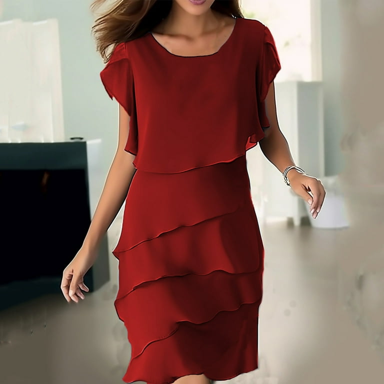 Women's Casual Dresses Sevevn Women's Casual Solid Color Shawl Round Neck  Round Neck Dress T-Shirt Dress